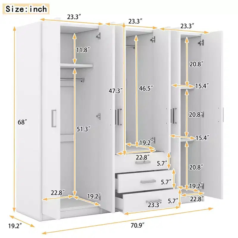 Armoire de chambre en bois à 6 portes avec grands tiroirs