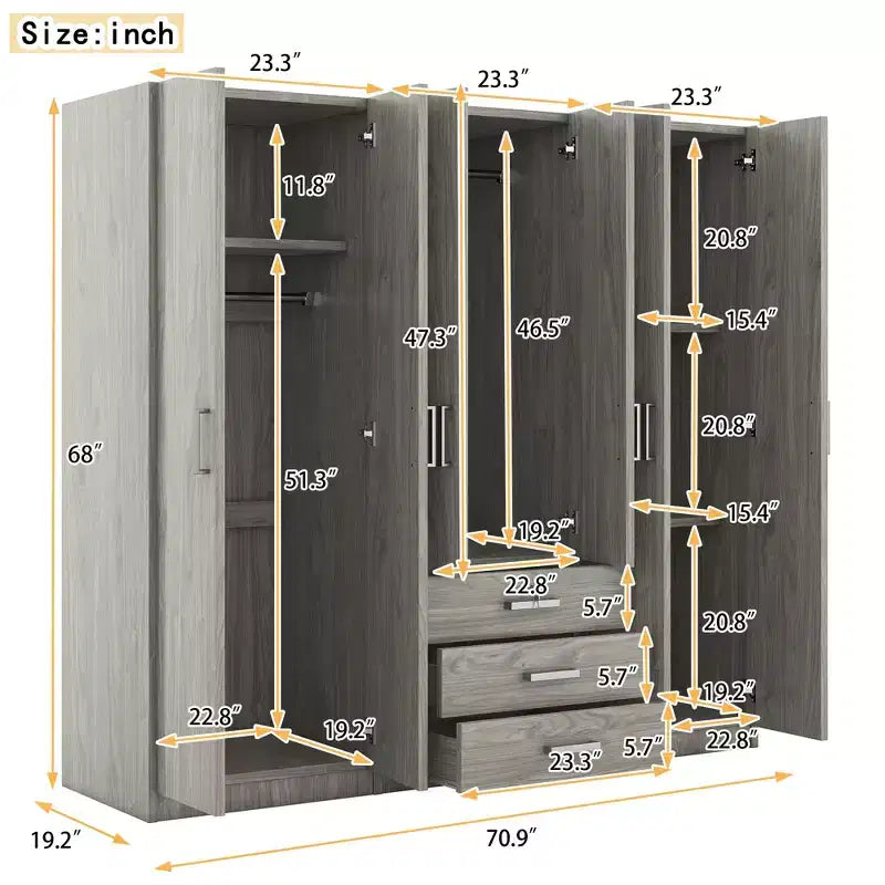 Armoire de chambre en bois à 6 portes avec grands tiroirs