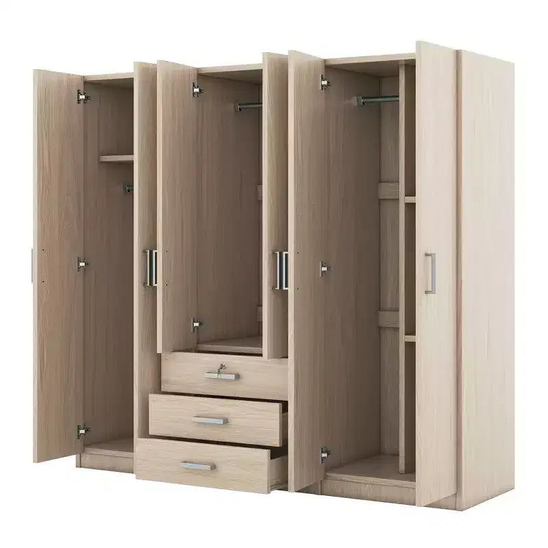 Armoire de chambre en bois à 6 portes avec grands tiroirs