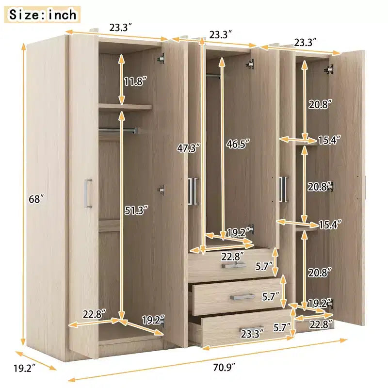 Armoire de chambre en bois à 6 portes avec grands tiroirs