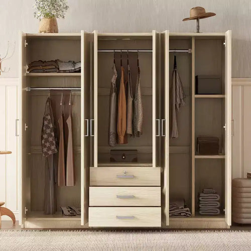 Whisen 6-Doors Wooden Wardrobe Storage for Bedroom, with Big Drawers