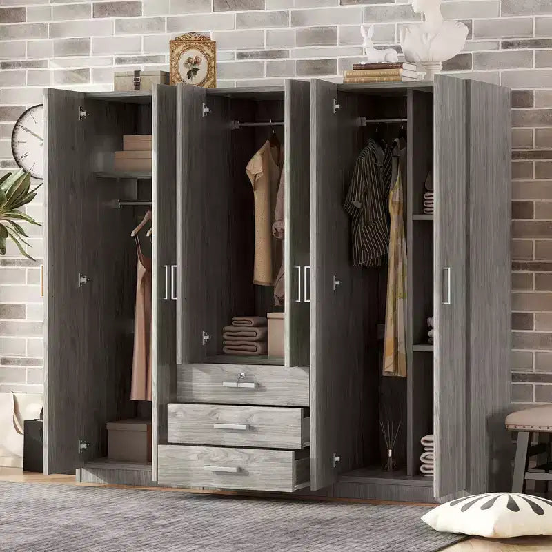 Armoire de chambre en bois à 6 portes avec grands tiroirs