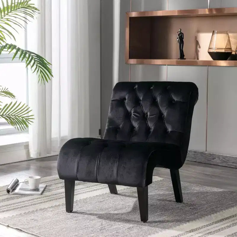Fauteuil d'appoint sans accoudoirs en velours moderne / Chaise de loisirs, chaise confortable en tissu capitonné avec pieds en bois pour chambre à coucher