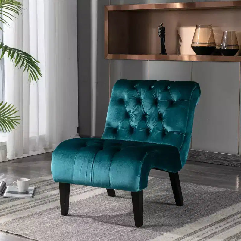 Fauteuil d'appoint sans accoudoirs en velours moderne / Chaise de loisirs, chaise confortable en tissu capitonné avec pieds en bois pour chambre à coucher