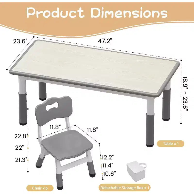Ensemble Table et 6 Chaises pour Enfants avec Boîte de Rangement, Table et Chaises Réglables en Hauteur pour Enfants de 2 à 10 Ans, pour Garderie, Salle de Classe, Maison