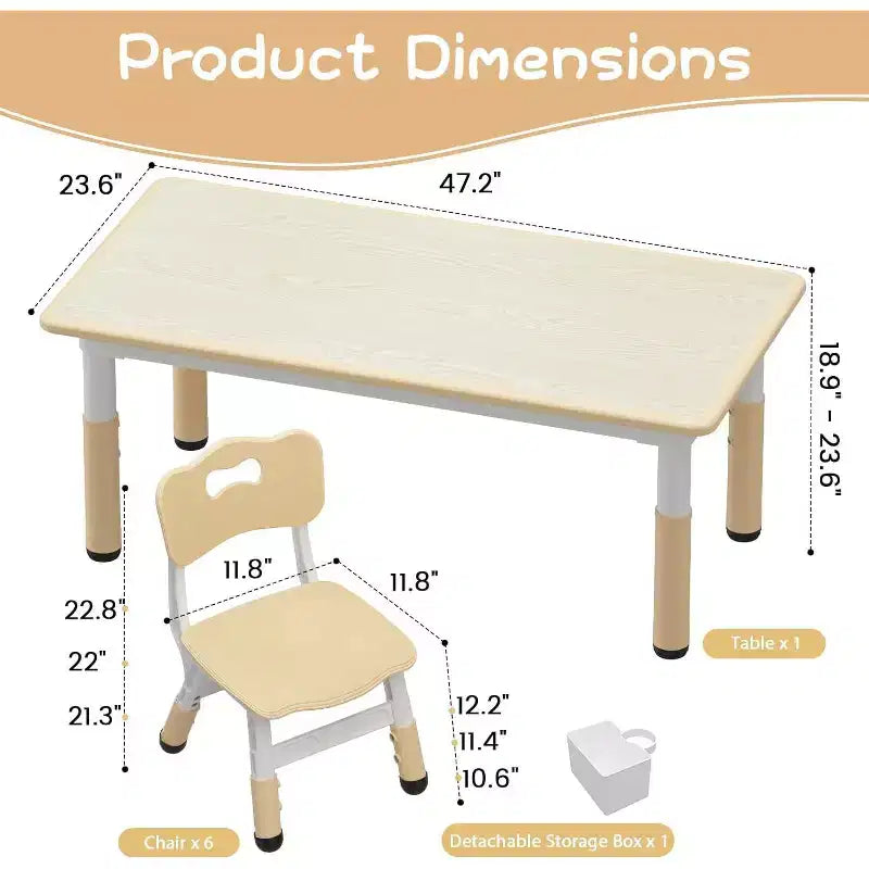 Ensemble Table et 6 Chaises pour Enfants avec Boîte de Rangement, Table et Chaises Réglables en Hauteur pour Enfants de 2 à 10 Ans, pour Garderie, Salle de Classe, Maison