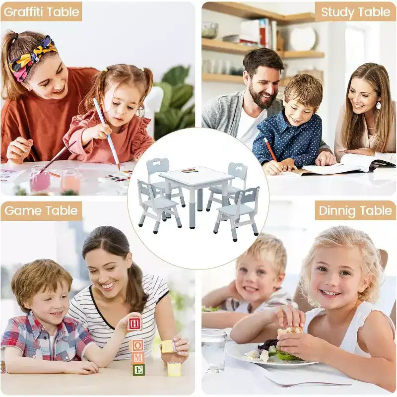 Ensemble table et 4 chaises pour enfants avec plateau en panneaux de particules, réglable en hauteur, patin antidérapant, ensemble repas compact et plateau durable