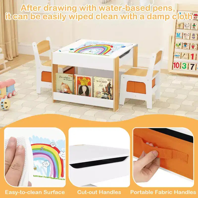 Costway Ensemble table et chaises 4-en-1 pour enfants Table d'activités en bois pour tout-petits avec étagères latérales Beige/Gris