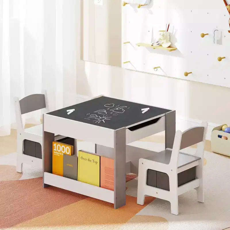 Costway Ensemble table et chaises 4-en-1 pour enfants Table d'activités en bois pour tout-petits avec étagères latérales Beige/Gris
