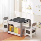 Costway Ensemble table et chaises 4-en-1 pour enfants Table d'activités en bois pour tout-petits avec étagères latérales Beige/Gris