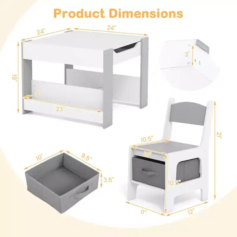 Costway Ensemble table et chaises 4-en-1 pour enfants Table d'activités en bois pour tout-petits avec étagères latérales Beige/Gris