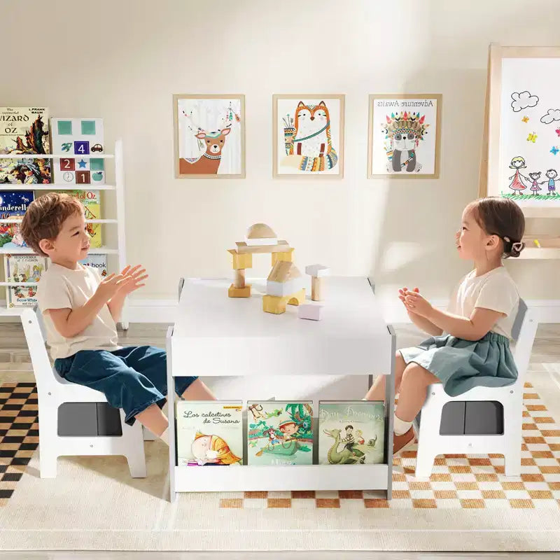 Costway Ensemble table et chaises 4-en-1 pour enfants Table d'activités en bois pour tout-petits avec étagères latérales Beige/Gris