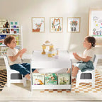 Costway Ensemble table et chaises 4-en-1 pour enfants Table d'activités en bois pour tout-petits avec étagères latérales Beige/Gris