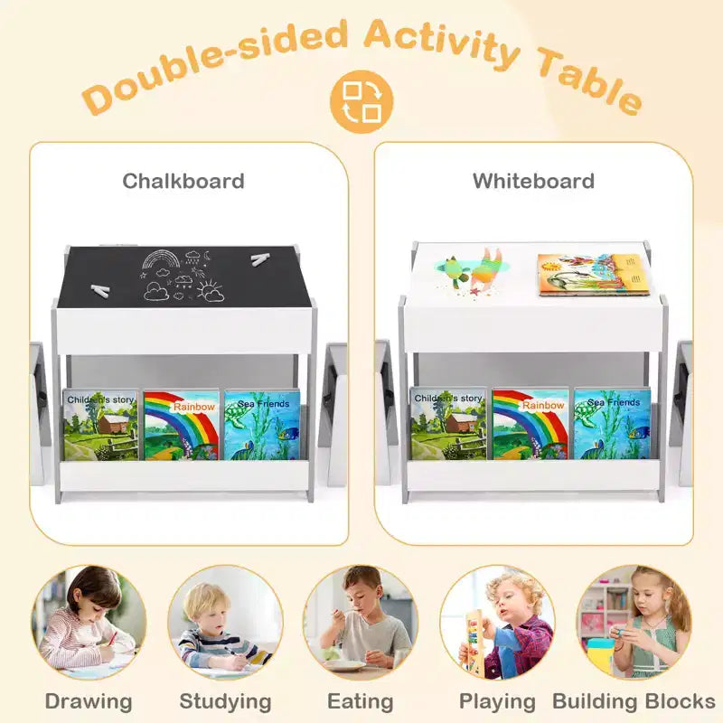 Costway Ensemble table et chaises 4-en-1 pour enfants Table d'activités en bois pour tout-petits avec étagères latérales Beige/Gris