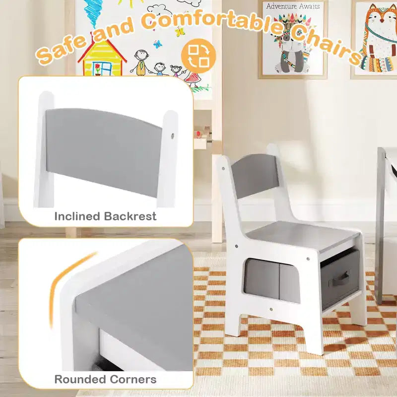 Costway Ensemble table et chaises 4-en-1 pour enfants Table d'activités en bois pour tout-petits avec étagères latérales Beige/Gris