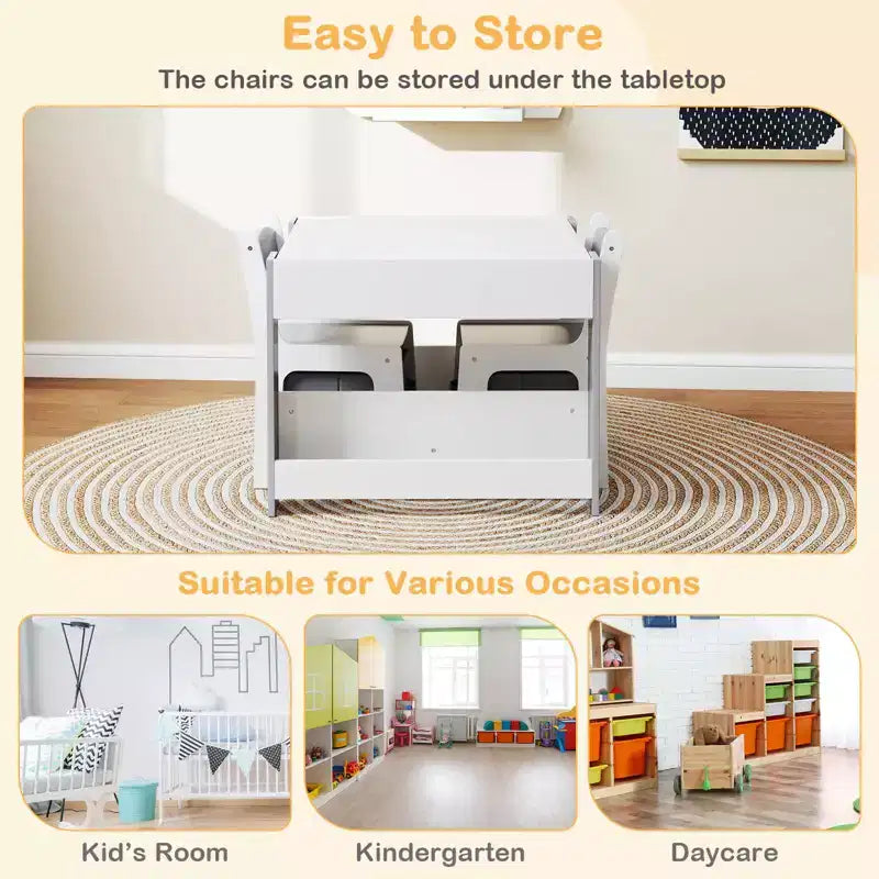 Costway Ensemble table et chaises 4-en-1 pour enfants Table d'activités en bois pour tout-petits avec étagères latérales Beige/Gris
