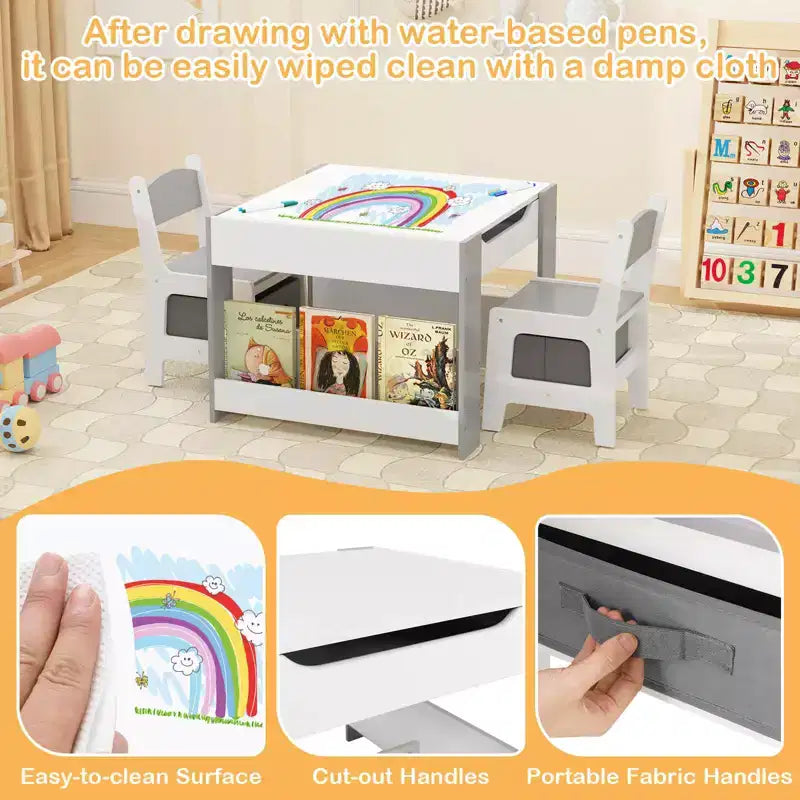 Costway Ensemble table et chaises 4-en-1 pour enfants Table d'activités en bois pour tout-petits avec étagères latérales Beige/Gris
