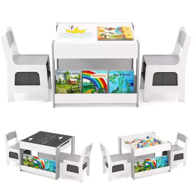 Costway Ensemble table et chaises 4-en-1 pour enfants Table d'activités en bois pour tout-petits avec étagères latérales Beige/Gris