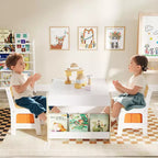 Costway Ensemble table et chaises 4-en-1 pour enfants Table d'activités en bois pour tout-petits avec étagères latérales Beige/Gris