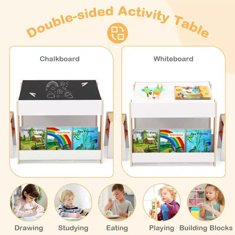 Costway Ensemble table et chaises 4-en-1 pour enfants Table d'activités en bois pour tout-petits avec étagères latérales Beige/Gris