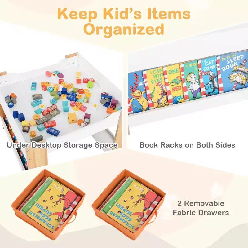 Costway Ensemble table et chaises 4-en-1 pour enfants Table d'activités en bois pour tout-petits avec étagères latérales Beige/Gris