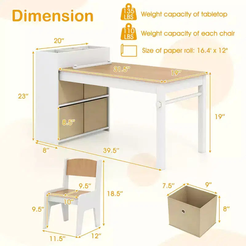 Table et chaises pour enfants Costway avec rouleau de papier Bureau d'étude en bois pour activités ludiques Gris/Naturel