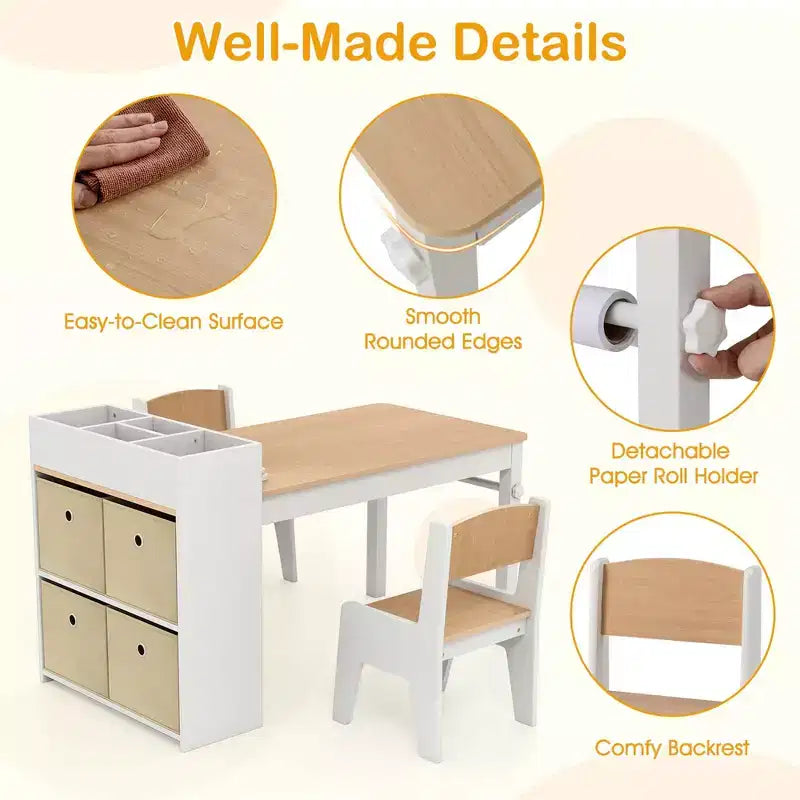 Table et chaises pour enfants Costway avec rouleau de papier Bureau d'étude en bois pour activités ludiques Gris/Naturel