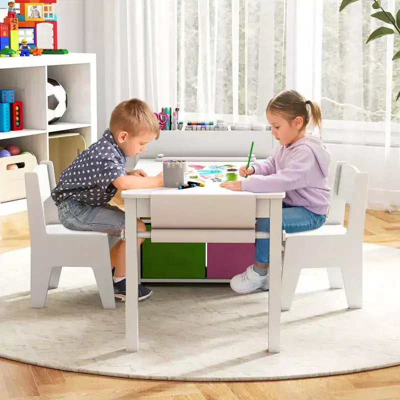 Table et chaises pour enfants Costway avec rouleau de papier Bureau d'étude en bois pour activités ludiques Gris/Naturel