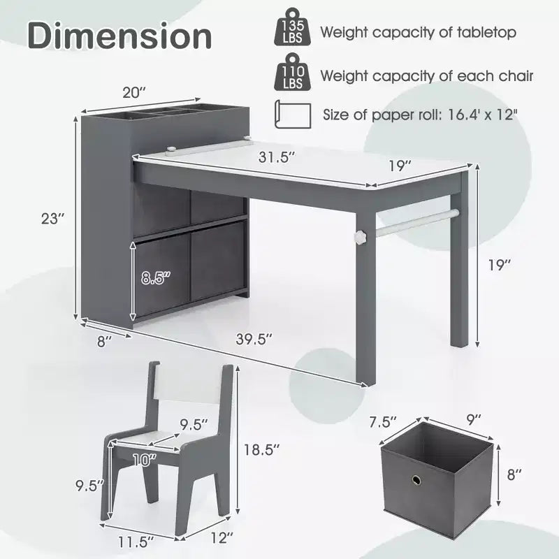 Table et chaises pour enfants Costway avec rouleau de papier Bureau d'étude en bois pour activités ludiques Gris/Naturel