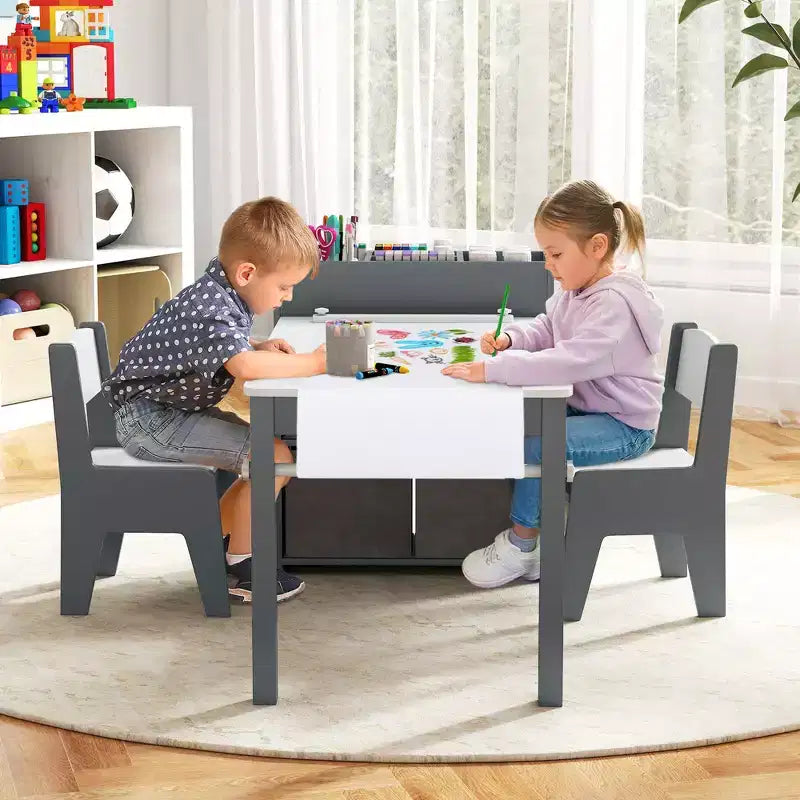 Table et chaises pour enfants Costway avec rouleau de papier Bureau d'étude en bois pour activités ludiques Gris/Naturel