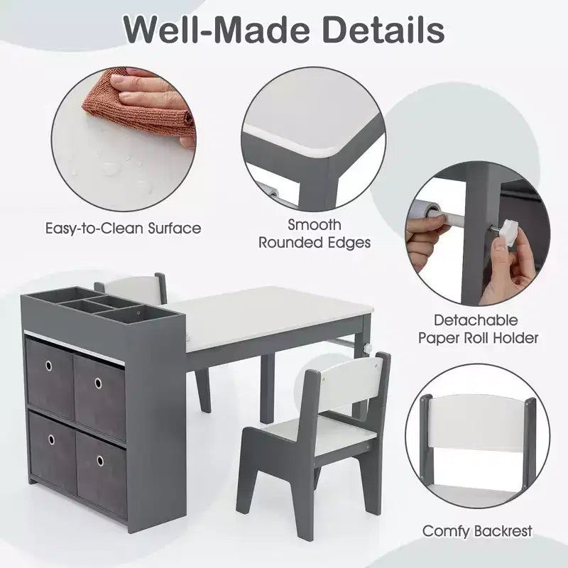 Table et chaises pour enfants Costway avec rouleau de papier Bureau d'étude en bois pour activités ludiques Gris/Naturel