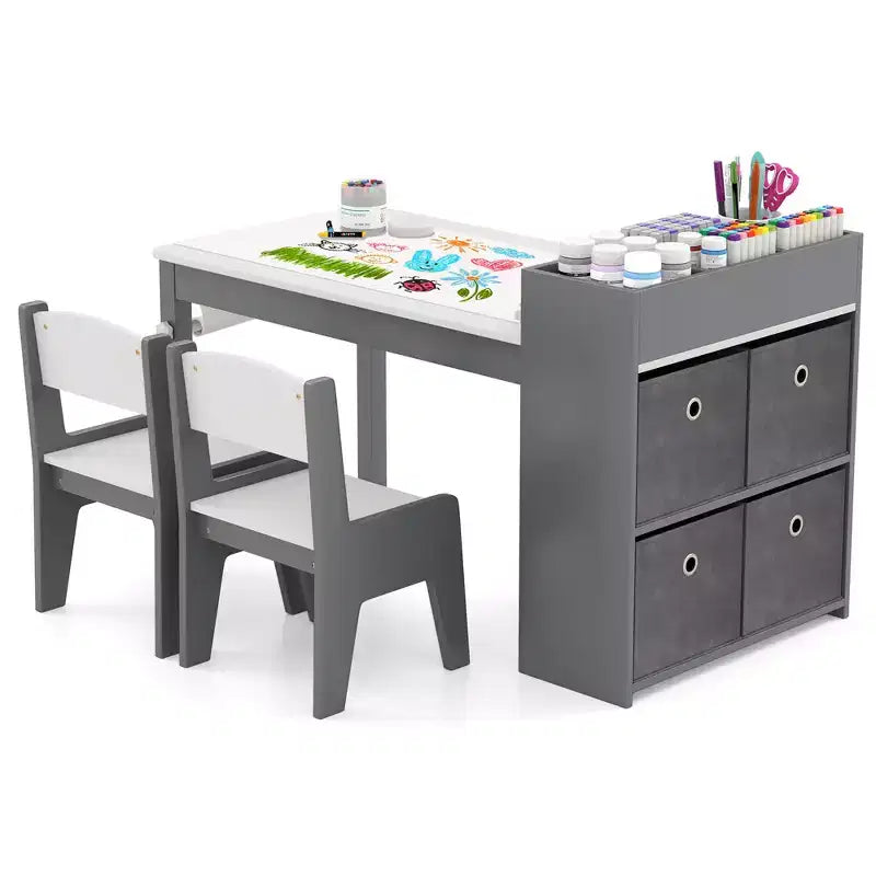 Costway Kids Art Table & Chairs Set with Paper Roll Wooden Craft Study Desk Active Play Gray/Natural