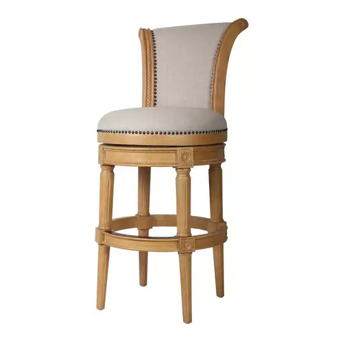 HomeRoots 30 Beige and Natural Fabric and Solid Wood Bar Height Swivel Bar Chair