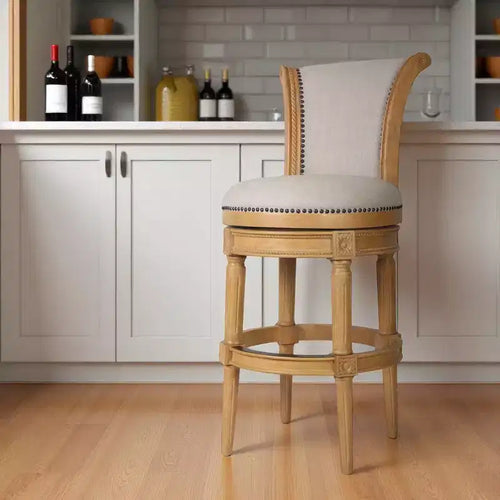 Chaise de bar pivotante HomeRoots de 30 po en tissu beige et bois massif, hauteur bar