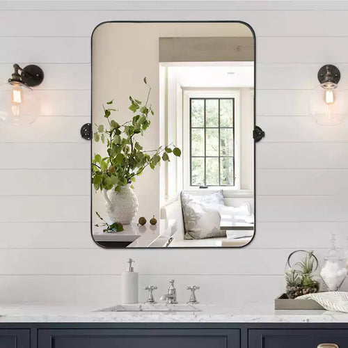 MAYEERTY 35.83x24.02x1.57in Wrought Iron Rounded Rectangle Black Swivel Metal Hanging Mirror