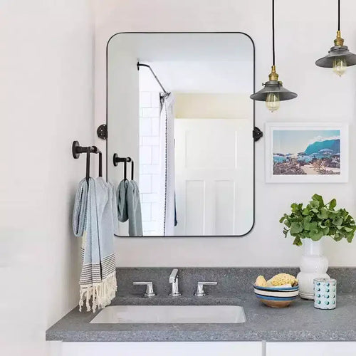 Miroir suspendu rectangulaire arrondi en métal 35.83x24.02x1.57in en fer forgé noir et pivotant