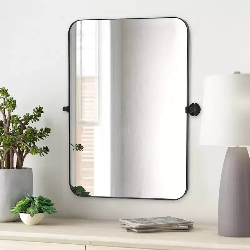 Miroir suspendu rectangulaire arrondi en métal MAYEERTY 35.83x24.02x1.57in en fer forgé noir et pivotant