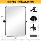 Miroir mural pivotant rectangulaire aux bords arrondis en fer noir, 91 × 61 × 4 cm