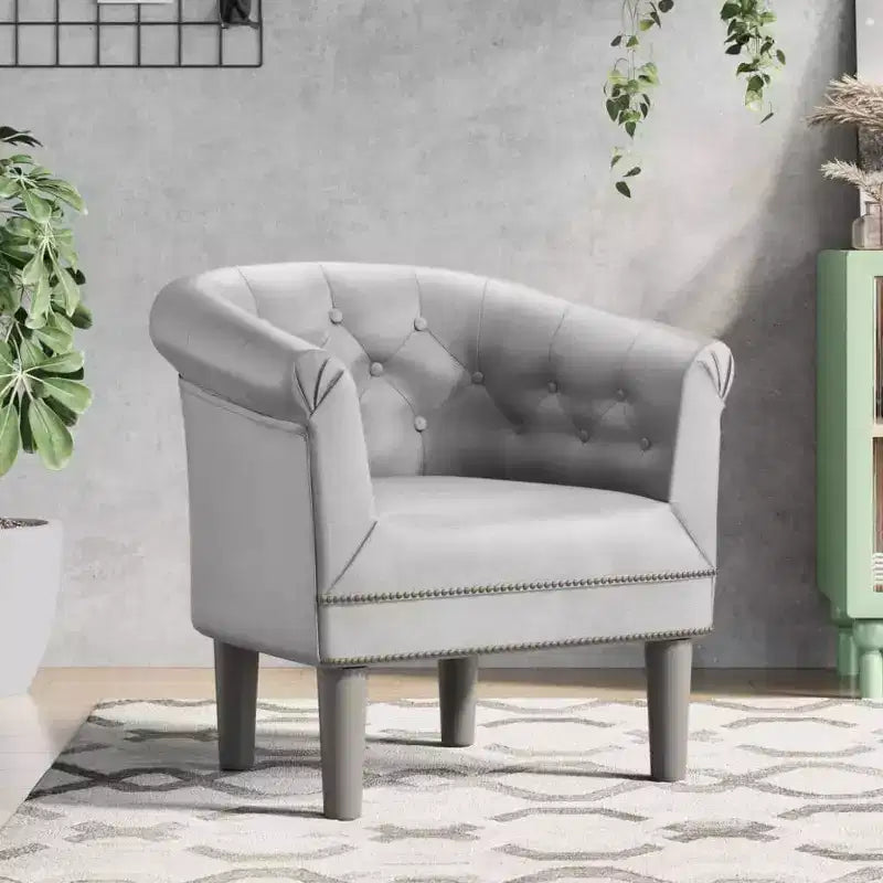 Fauteuil club élégant – Individuel, simili cuir argenté, mousse, pin et contreplaqué pour le salon ou le bureau