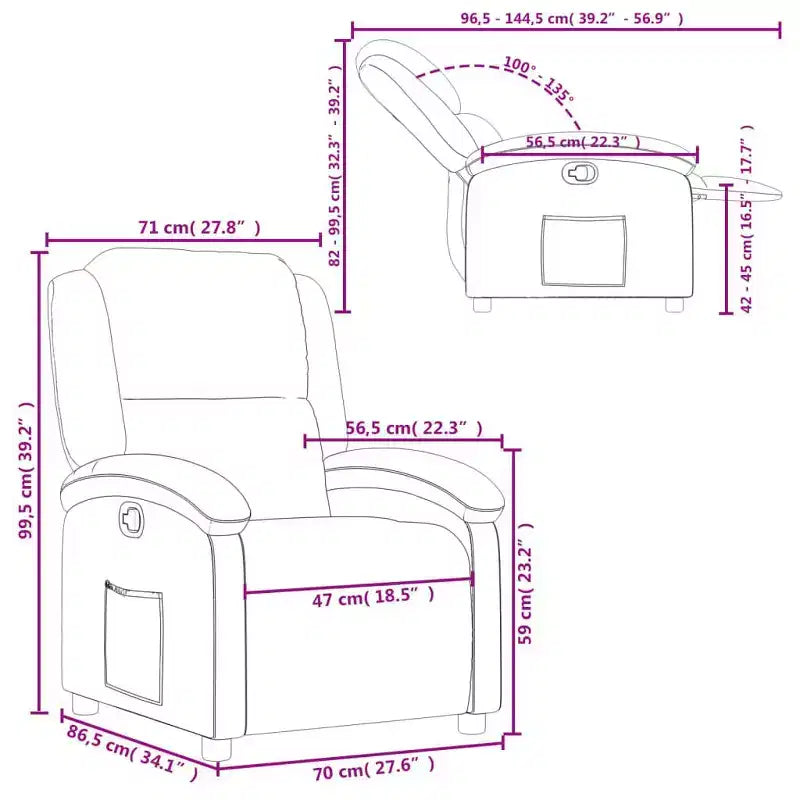 Fauteuil inclinable en similicuir crème avec accoudoirs hauts et poche latérale