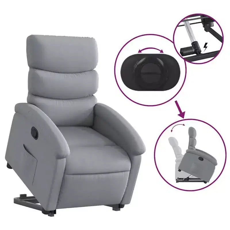 Fauteuil inclinable releveur pour personnes âgées - Tissu gris clair, aide à la levée électrique, inclinaison manuelle, confort rembourré, poche latérale, cadre solide
