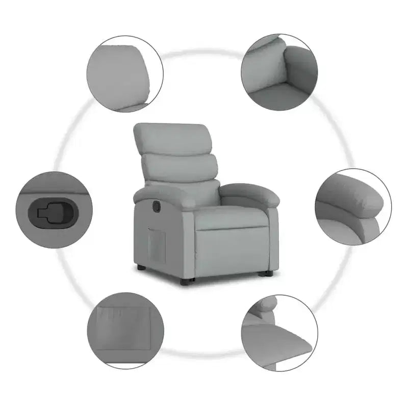 Fauteuil inclinable releveur pour personnes âgées - Tissu gris clair, aide à la levée électrique, inclinaison manuelle, confort rembourré, poche latérale, cadre solide