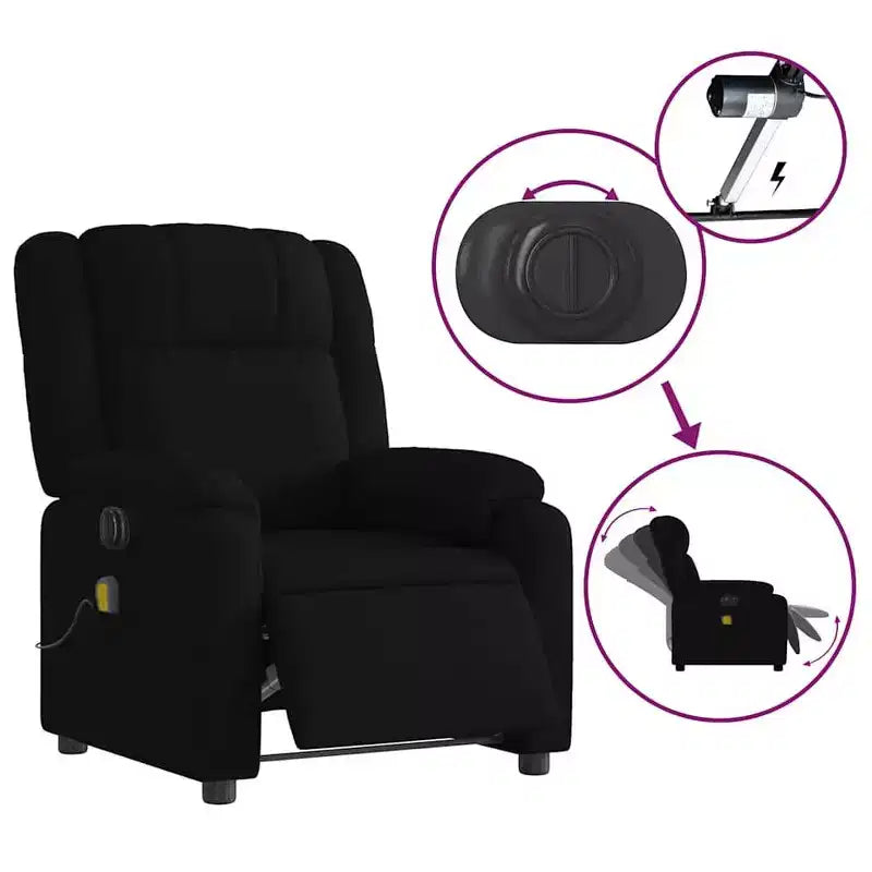 Fauteuil inclinable de massage électrique - Tissu noir avec massage par vibration, réglage électrique du repose-pieds/dossier