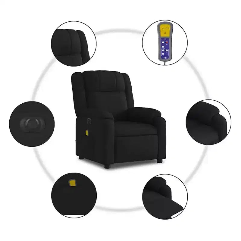 Fauteuil inclinable de massage électrique - Tissu noir avec massage par vibration, réglage électrique du repose-pieds/dossier