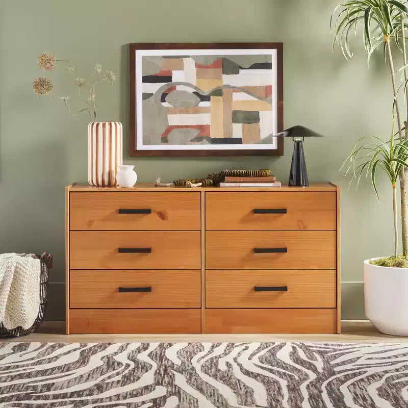 Commode à 6 tiroirs en bois massif, assemblage facile et design moderne, pour rangement de chambre.