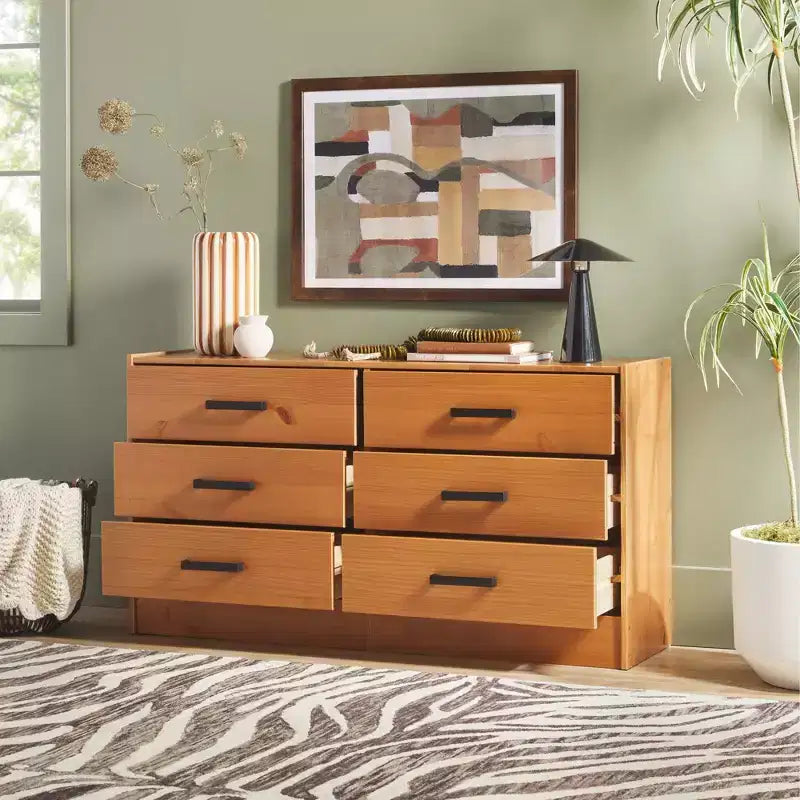 Commode à 6 tiroirs en bois massif, assemblage facile et design moderne, pour rangement de chambre.