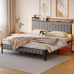 Upholstered Platform Bed Frame for Approx. 137 × 191, 152 × 203 or 193 × 203 cm Mattress with LED Lighting and Charging Station