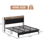 Cadre de lit plateforme tapissé pour matelas d'environ 137 × 191, 152 × 203 ou 193 × 203 cm avec éclairage LED et station de charge