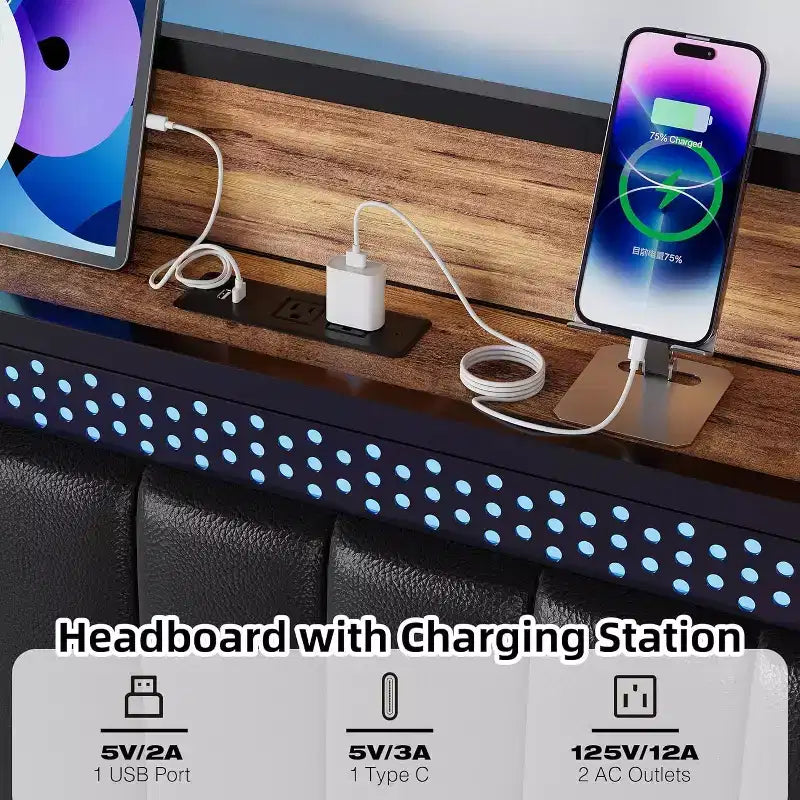 Cadre de lit avec lumières LED et tête de lit de rangement, lit plateforme rembourré avec station de recharge, robuste, sans sommier tapissier requis, montage facile