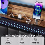 Cadre de lit plateforme tapissé pour matelas d'environ 137 × 191, 152 × 203 ou 193 × 203 cm avec éclairage LED et station de charge